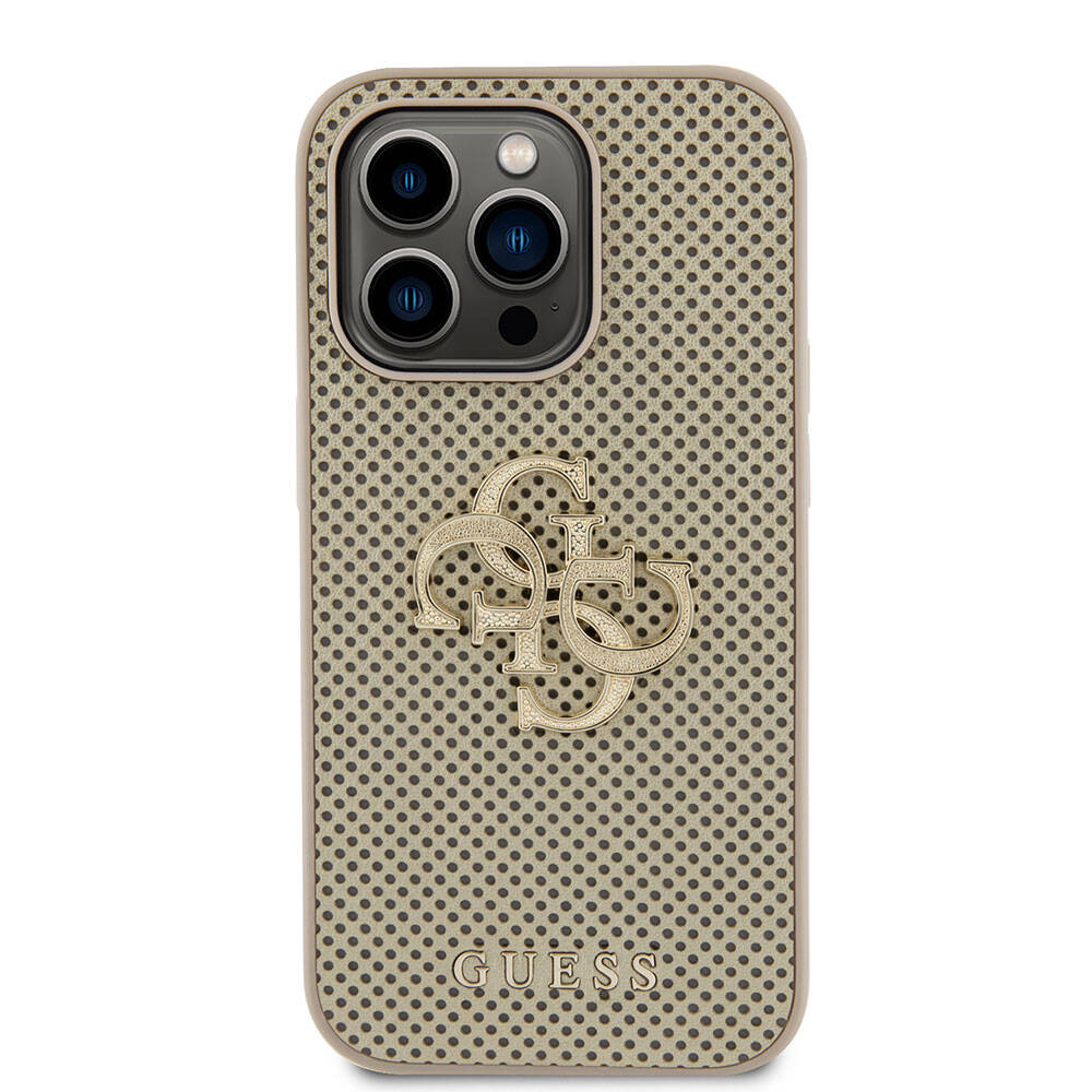 Apple iPhone 15 Pro Case Guess Original Licensed Perforated Text and 4G Glitter Large Metal Logo Cover Brown
