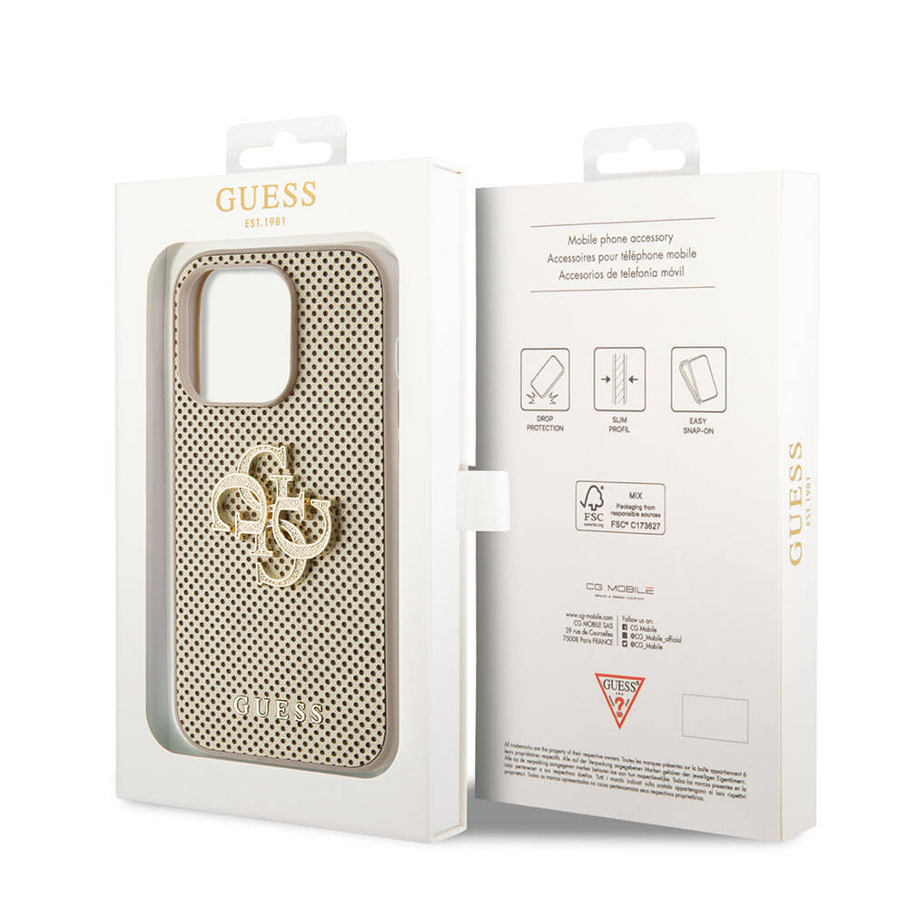 Apple iPhone 15 Pro Case Guess Original Licensed Perforated Text and 4G Glitter Large Metal Logo Cover Brown