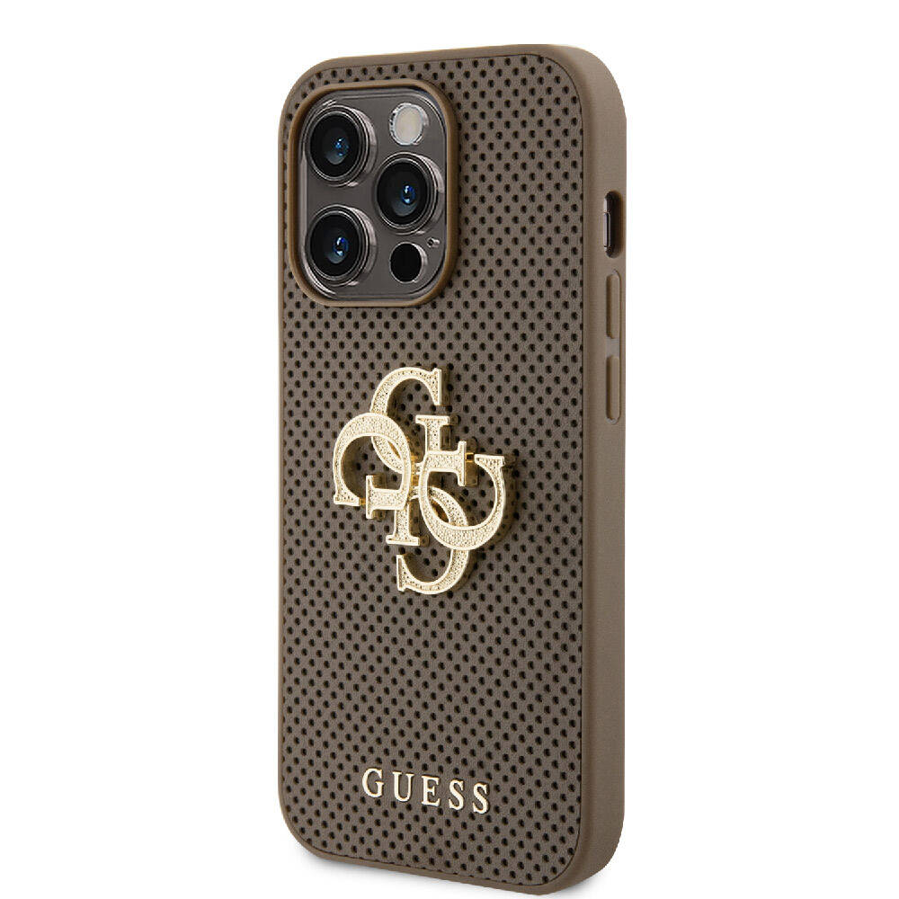 Apple iPhone 15 Pro Case Guess Original Licensed Perforated Text and 4G Glitter Large Metal Logo Cover Brown
