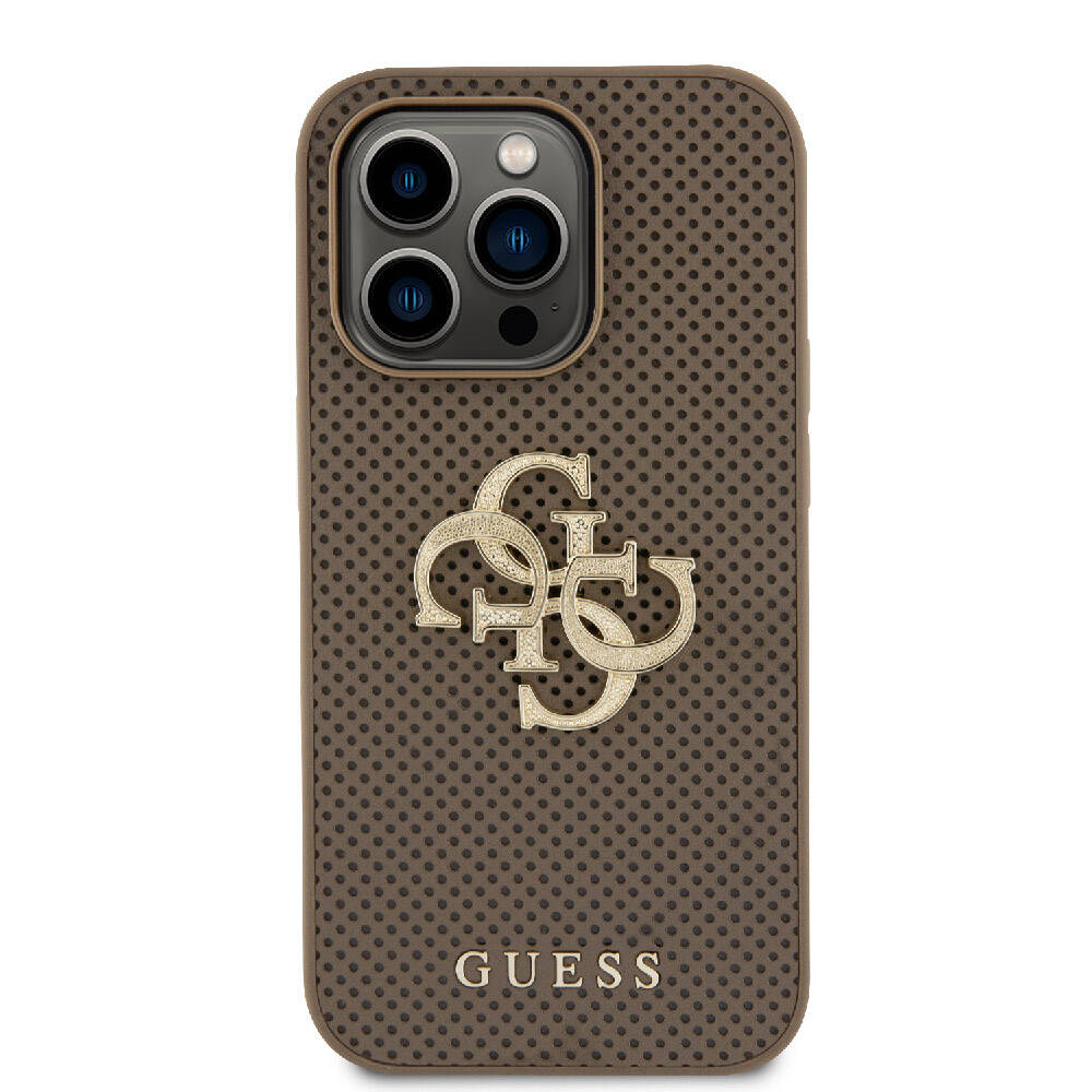 Apple iPhone 15 Pro Case Guess Original Licensed Perforated Text and 4G Glitter Large Metal Logo Cover Brown