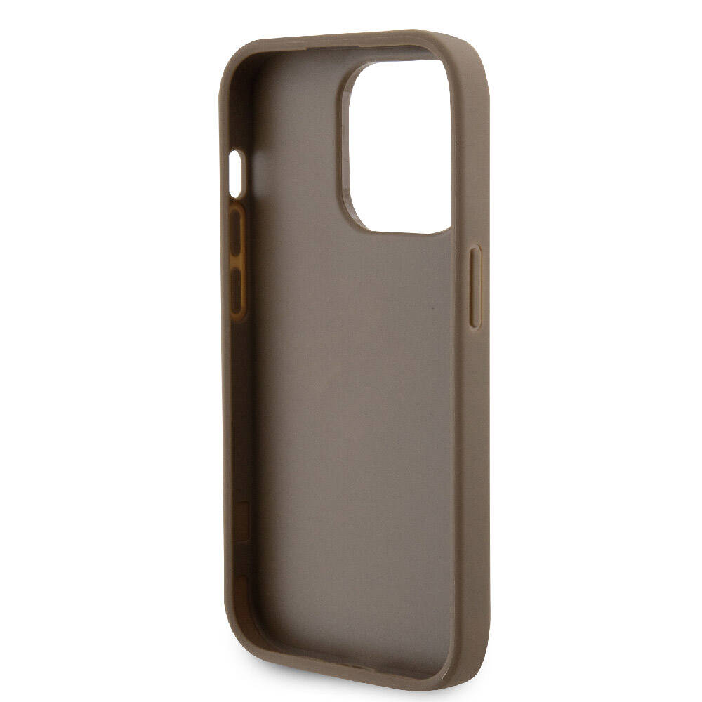Apple iPhone 15 Pro Case Guess Original Licensed Perforated Text and 4G Glitter Large Metal Logo Cover Brown