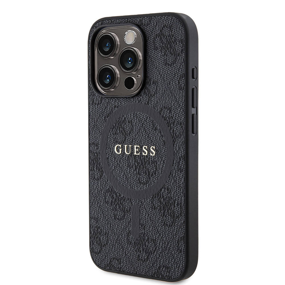 Apple iPhone 15 Pro Case Guess Original Licensed M-safe Charging Feature PU Ring 4G Patterned Text Logo Cover Brown