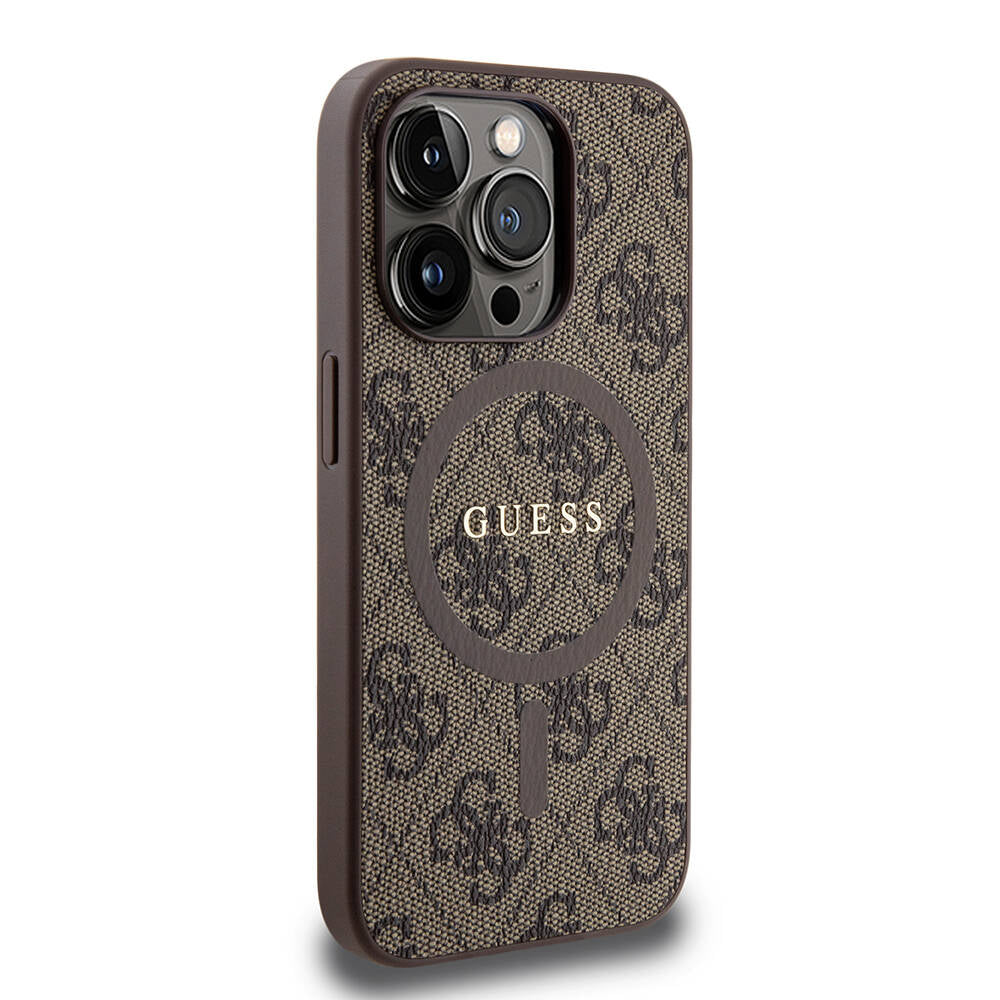 Apple iPhone 15 Pro Case Guess Original Licensed M-safe Charging Feature PU Ring 4G Patterned Text Logo Cover Brown