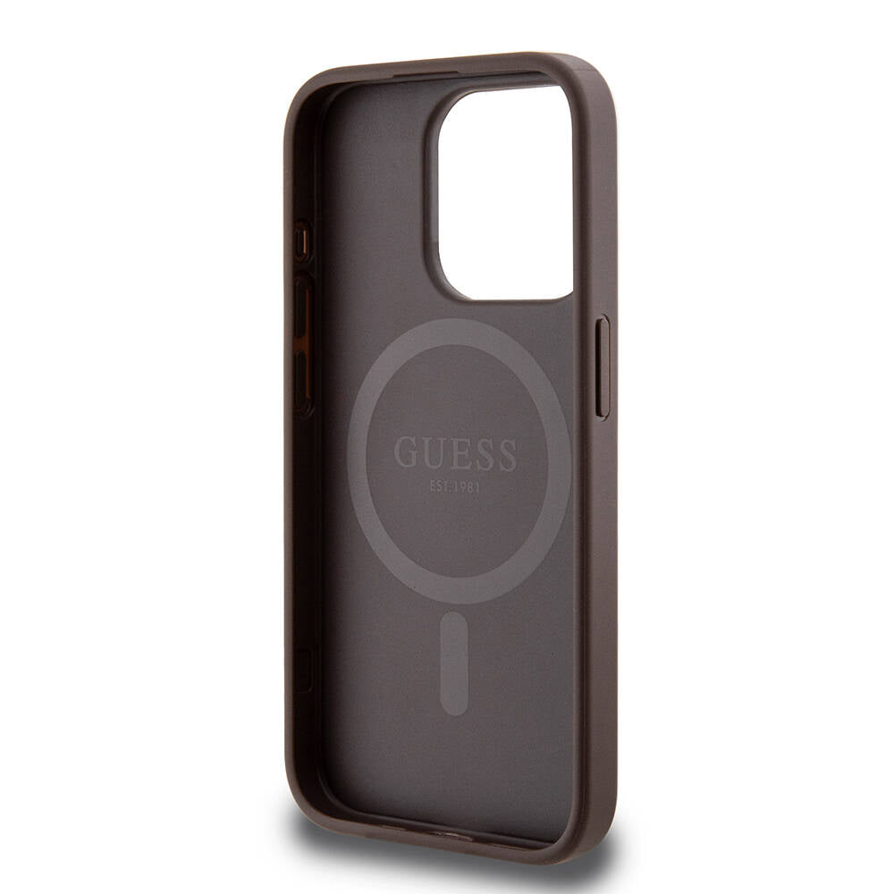 Apple iPhone 15 Pro Case Guess Original Licensed M-safe Charging Feature PU Ring 4G Patterned Text Logo Cover Brown