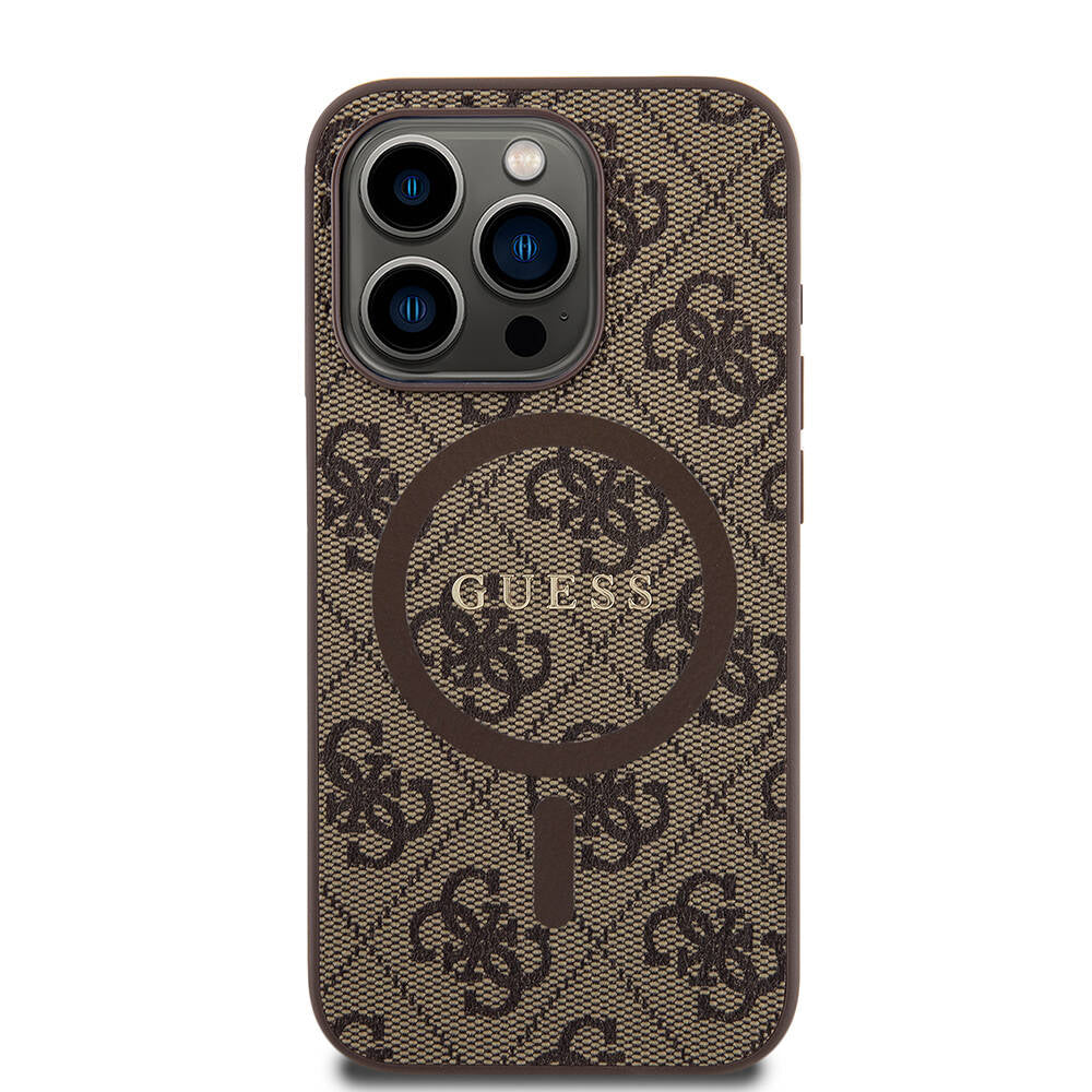 Apple iPhone 15 Pro Case Guess Original Licensed M-safe Charging Feature PU Ring 4G Patterned Text Logo Cover Brown