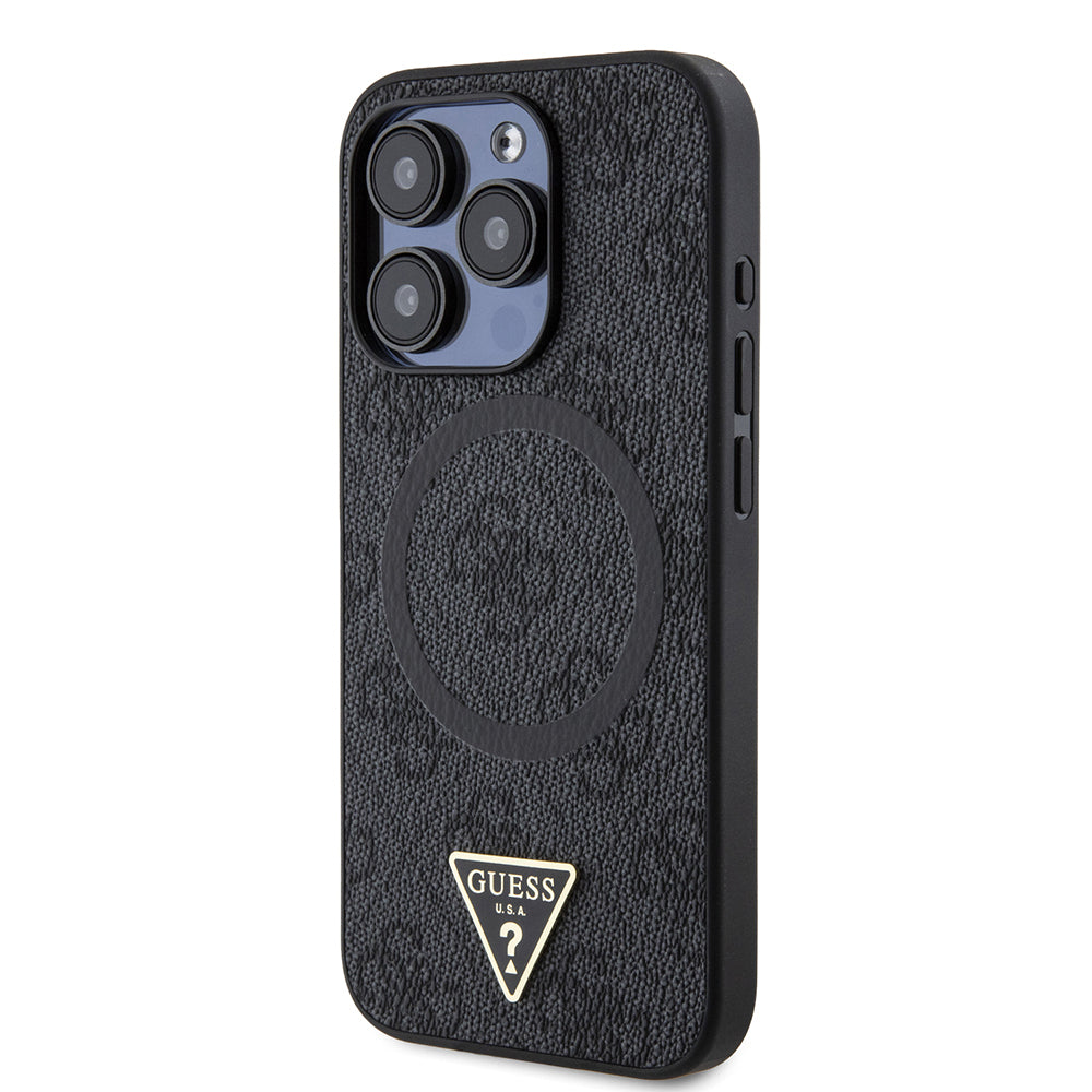 Apple iPhone 15 Pro Case Guess Original Licensed M-safe Charging Feature PU Triangle Logo 4G Patterned Cover Black