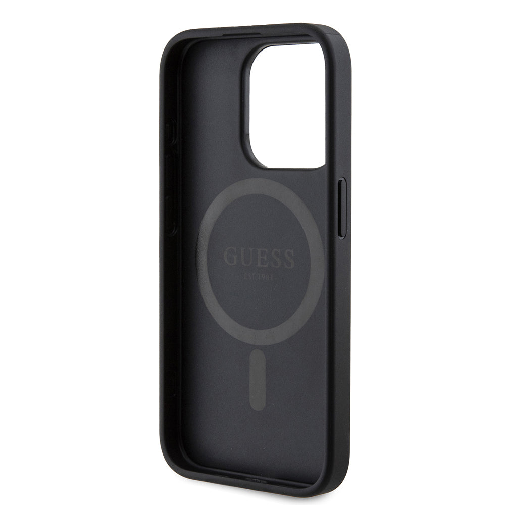 Apple iPhone 15 Pro Case Guess Original Licensed M-safe Charging Feature PU Triangle Logo 4G Patterned Cover Black