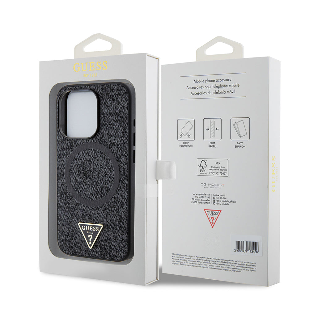 Apple iPhone 15 Pro Case Guess Original Licensed M-safe Charging Feature PU Triangle Logo 4G Patterned Cover Black