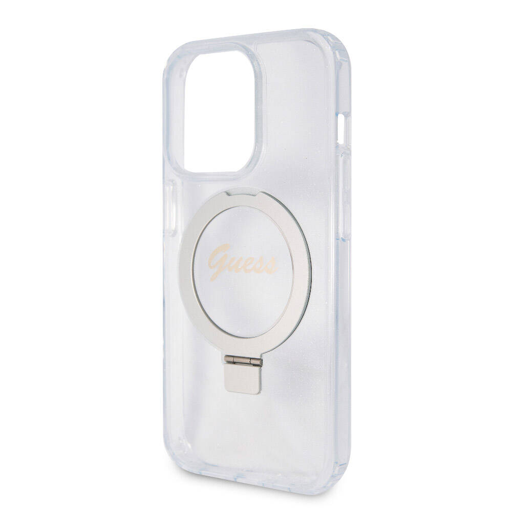 Apple iPhone 15 Pro Case Guess Original Licensed M-safe Charging Feature Glittery Back Surface Ring Stand Cover Colorless