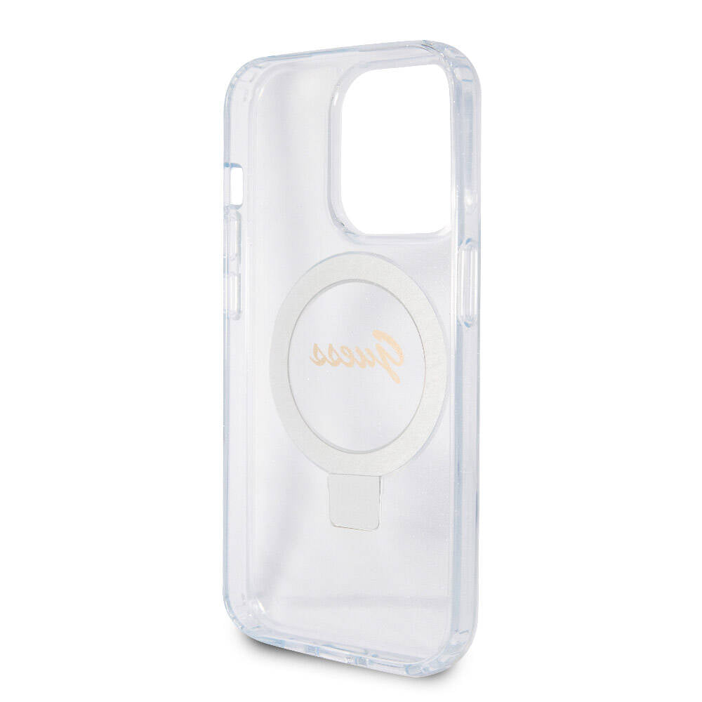 Apple iPhone 15 Pro Case Guess Original Licensed M-safe Charging Feature Glittery Back Surface Ring Stand Cover Colorless