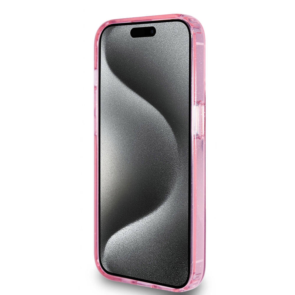 Apple iPhone 15 Pro Case Guess Original Licensed M-safe Charging Feature Glitter Back Surface Ring Stand Cover Pink