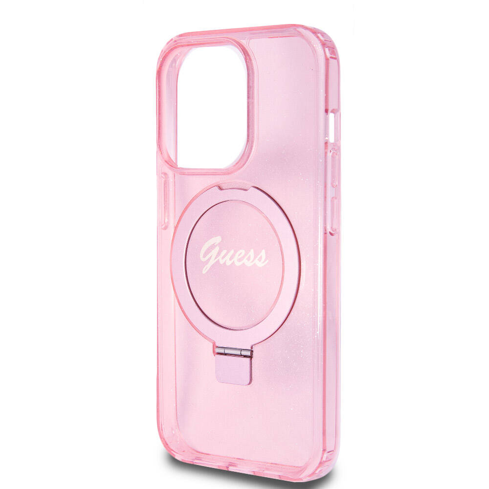 Apple iPhone 15 Pro Case Guess Original Licensed M-safe Charging Feature Glitter Back Surface Ring Stand Cover Black