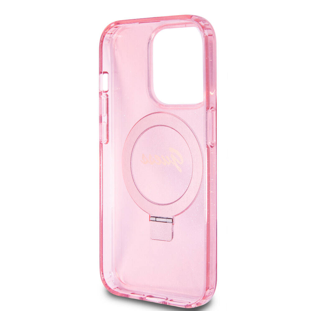Apple iPhone 15 Pro Case Guess Original Licensed M-safe Charging Feature Glitter Back Surface Ring Stand Cover Black
