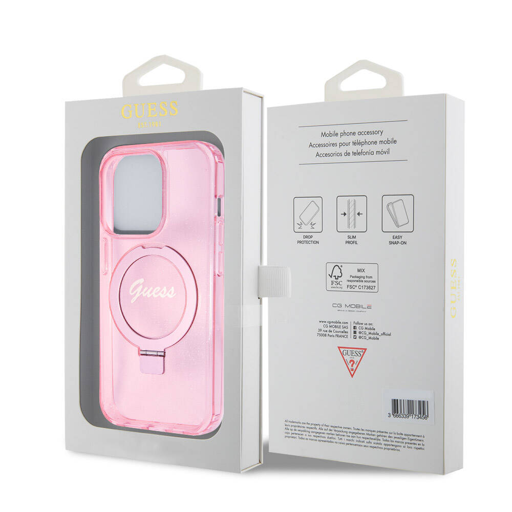 Apple iPhone 15 Pro Case Guess Original Licensed M-safe Charging Feature Glittery Back Surface Ring Stand Cover Colorless