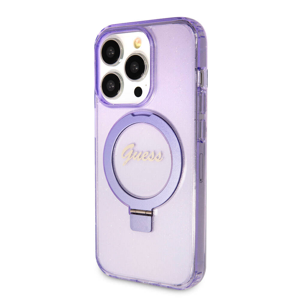 Apple iPhone 15 Pro Case Guess Original Licensed M-safe Charging Feature Glittery Back Surface Ring Stand Cover Colorless