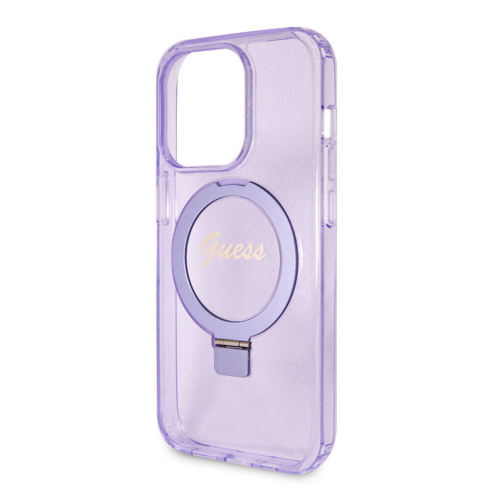 Apple iPhone 15 Pro Case Guess Original Licensed M-safe Charging Feature Glittery Back Surface Ring Stand Cover Colorless