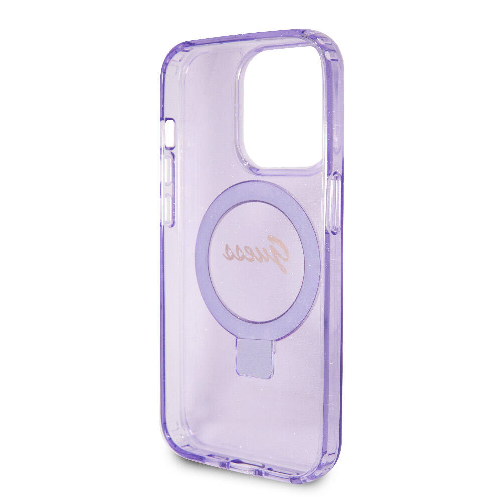 Apple iPhone 15 Pro Case Guess Original Licensed M-safe Charging Feature Glitter Back Surface Ring Stand Cover Pink