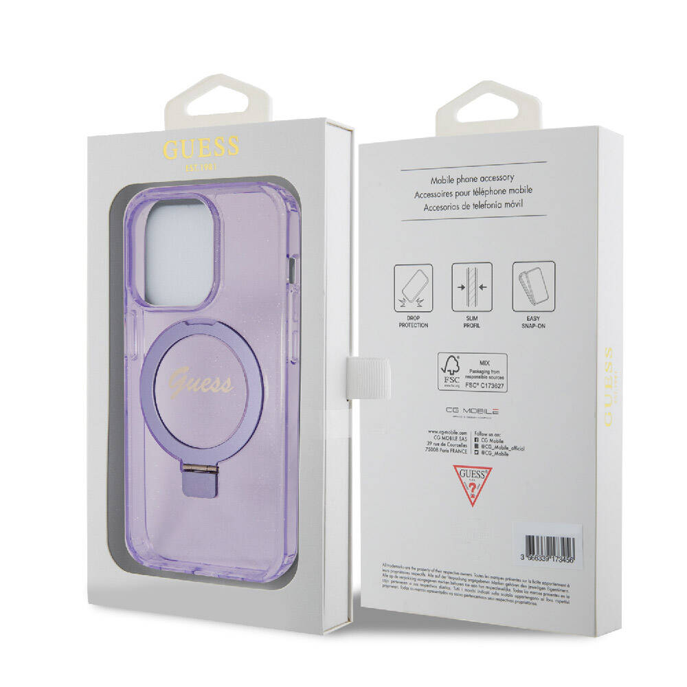 Apple iPhone 15 Pro Case Guess Original Licensed M-safe Charging Feature Glitter Back Surface Ring Stand Cover Pink