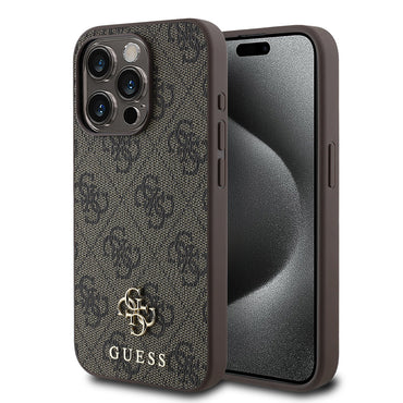 Apple iPhone 15 Pro Kılıf Guess Orjinal Lisanslı M-safe Şarj Özellikli Small 4G Classic Kapak Kahverengi