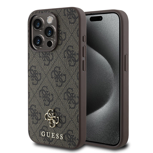 Apple iPhone 15 Pro Kılıf Guess Orjinal Lisanslı M-safe Şarj Özellikli Small 4G Classic Kapak Kahverengi
