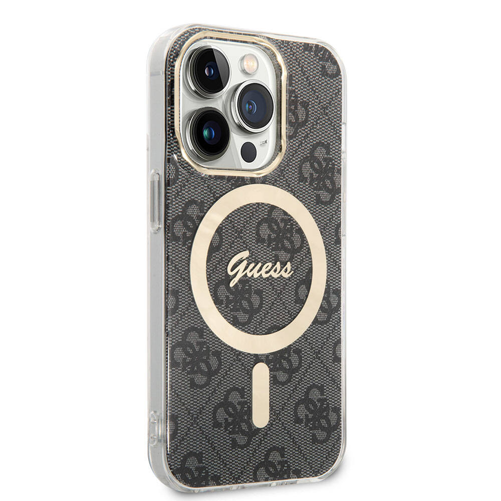 Apple iPhone 15 Pro Case Guess Original Licensed M-safe Charging Feature 4G Patterned Cover with Text Logo Black