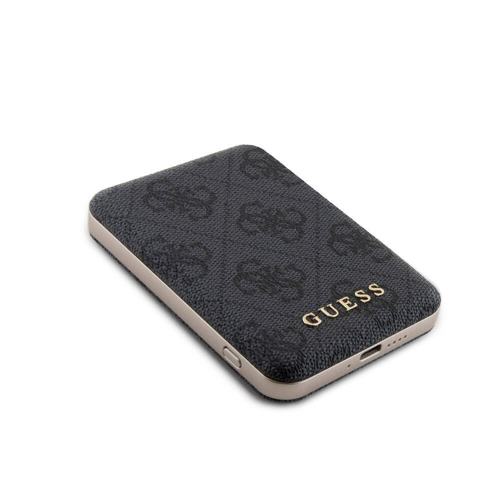 Apple iPhone 15 Pro Case Guess Original Licensed M-safe Charging Feature Text Logo 4G Patterned Cover + Powerbank 5000mAh 2in1 Set Black