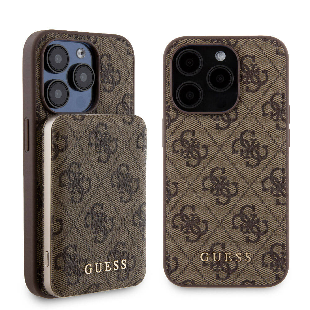 Apple iPhone 15 Pro Case Guess Original Licensed M-safe Charging Feature Text Logo 4G Patterned Cover + Powerbank 5000mAh 2in1 Set Black