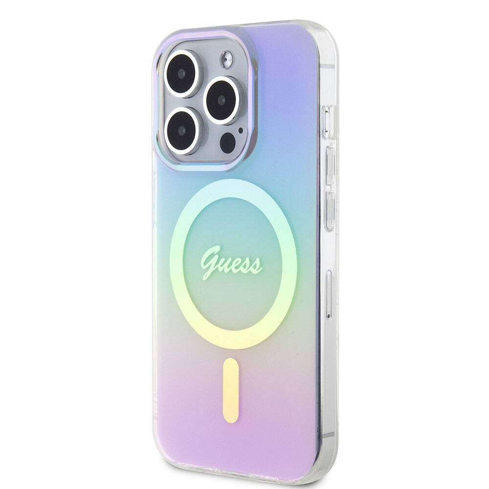 Apple iPhone 15 Pro Case Guess Original Licensed M-safe Charging Feature Iridescent Cover Pink with Text Logo