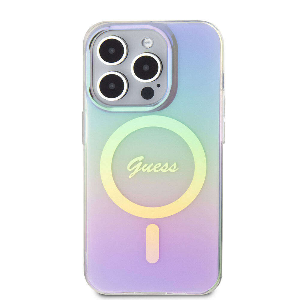 Apple iPhone 15 Pro Case Guess Original Licensed M-safe Charging Feature Iridescent Cover Pink with Text Logo