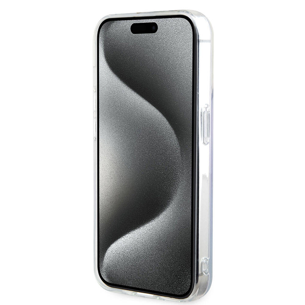 Apple iPhone 15 Pro Case Guess Original Licensed M-safe Charging Feature Iridescent Cover Turquoise with Text Logo