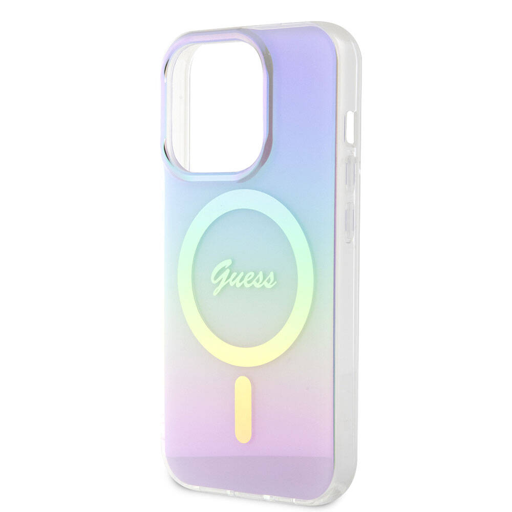 Apple iPhone 15 Pro Case Guess Original Licensed M-safe Charging Feature Iridescent Cover Turquoise with Text Logo