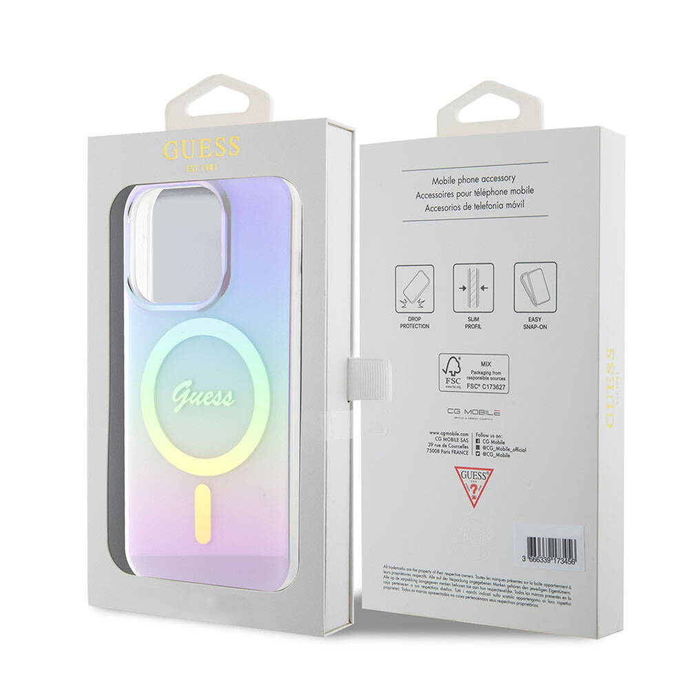 Apple iPhone 15 Pro Case Guess Original Licensed M-safe Charging Feature Iridescent Cover Turquoise with Text Logo