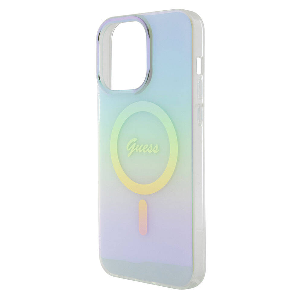Apple iPhone 15 Pro Case Guess Original Licensed M-safe Charging Feature Iridescent Cover Pink with Text Logo