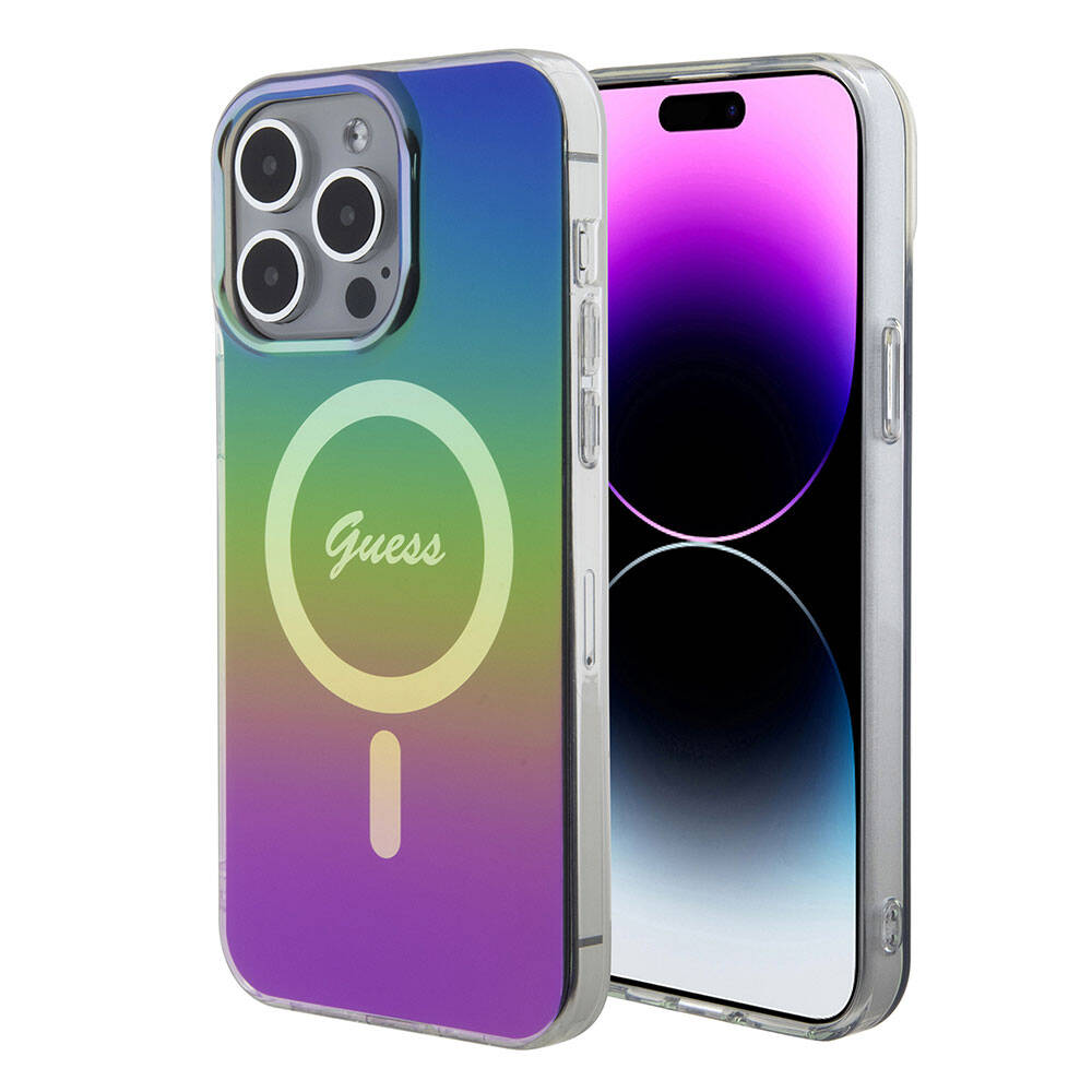 Apple iPhone 15 Pro Case Guess Original Licensed M-safe Charging Feature Iridescent Cover Pink with Text Logo
