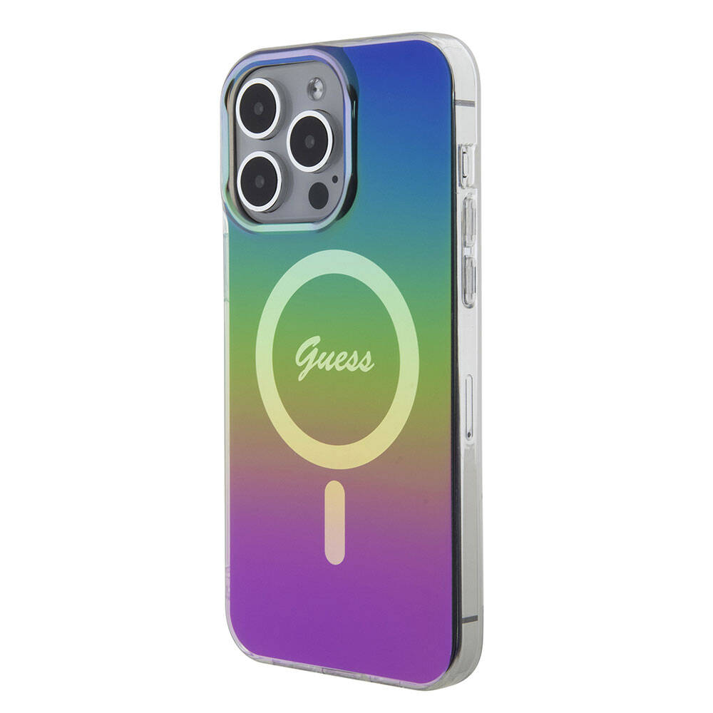 Apple iPhone 15 Pro Case Guess Original Licensed M-safe Charging Feature Iridescent Cover Turquoise with Text Logo