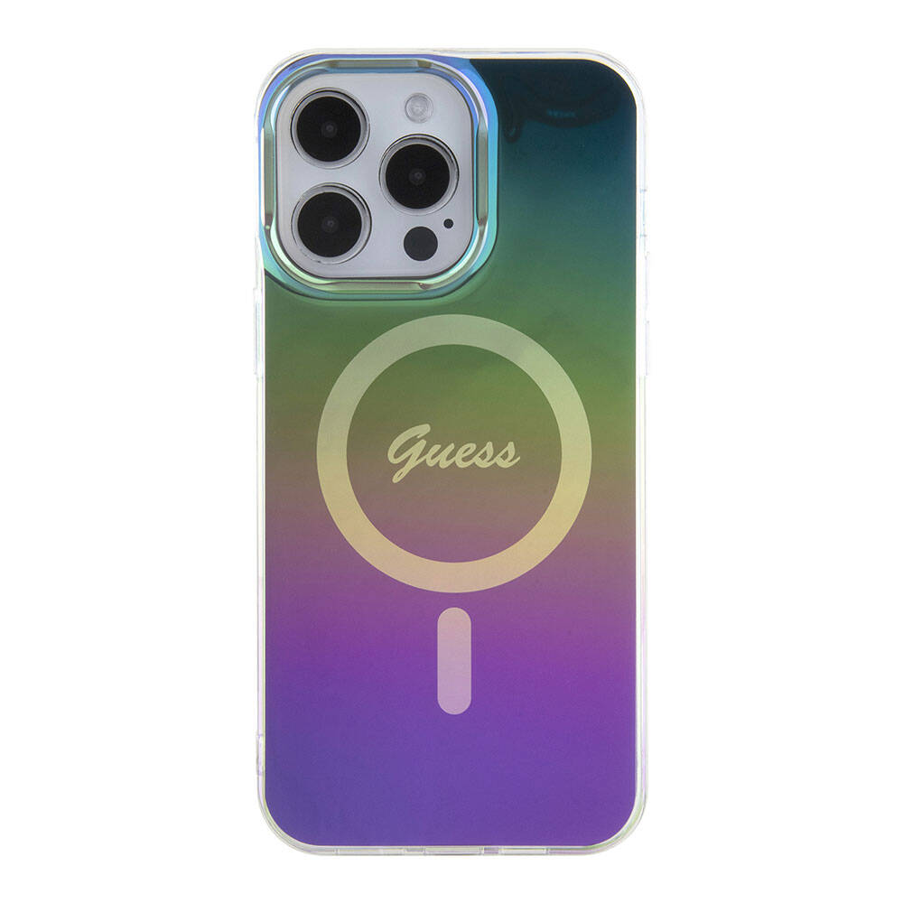 Apple iPhone 15 Pro Case Guess Original Licensed M-safe Charging Feature Iridescent Cover Pink with Text Logo