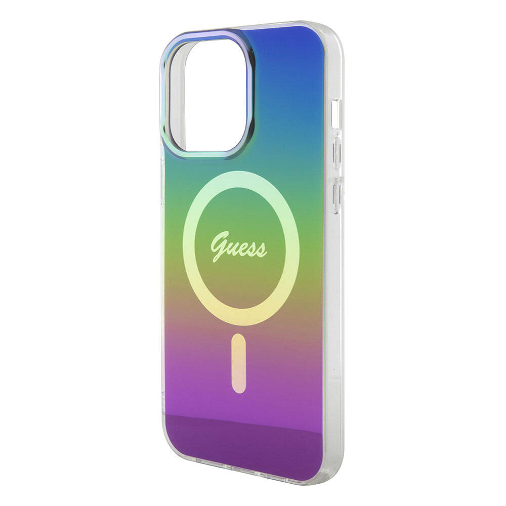 Apple iPhone 15 Pro Case Guess Original Licensed M-safe Charging Feature Iridescent Cover Pink with Text Logo