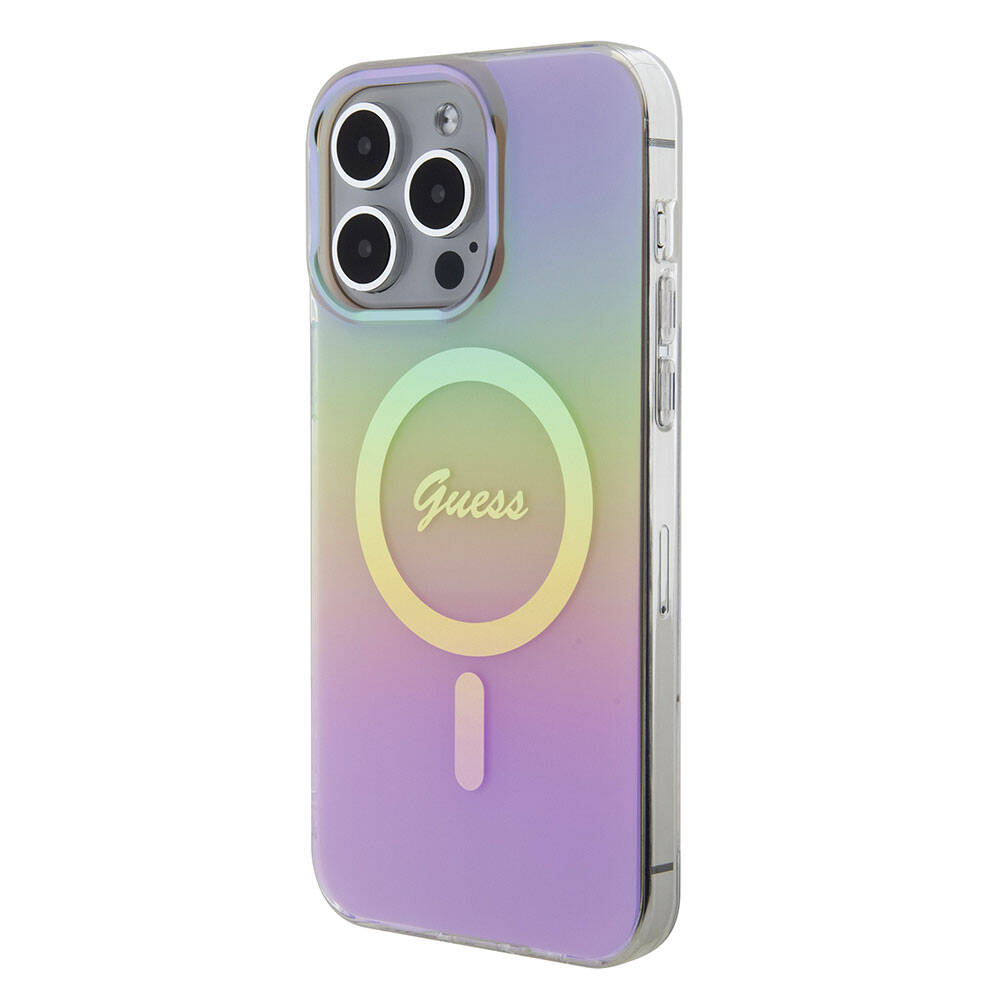 Apple iPhone 15 Pro Case Guess Original Licensed M-safe Charging Feature Iridescent Cover Pink with Text Logo