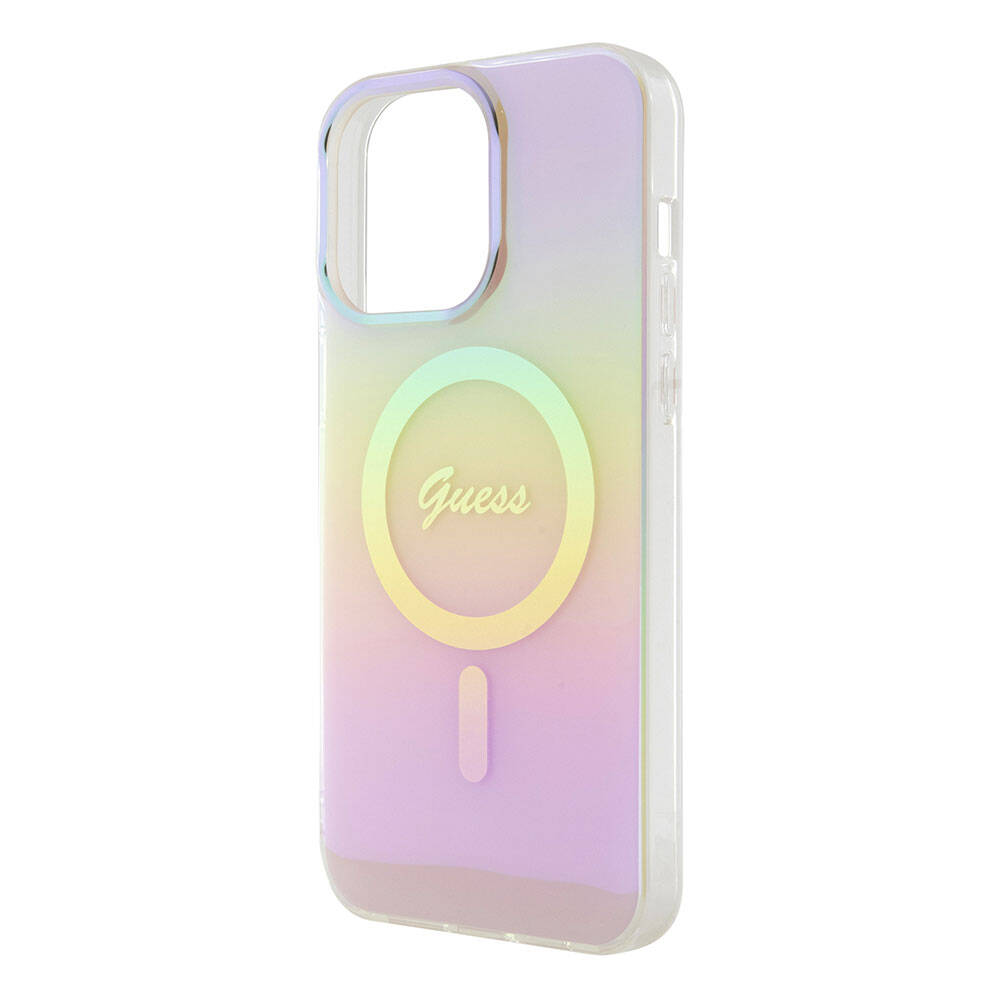Apple iPhone 15 Pro Case Guess Original Licensed M-safe Charging Feature Iridescent Cover Pink with Text Logo