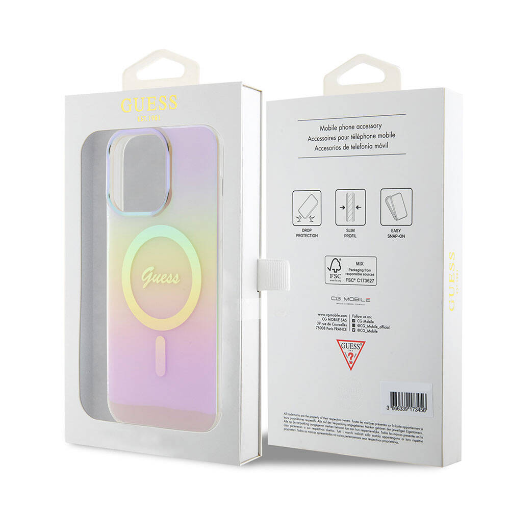 Apple iPhone 15 Pro Case Guess Original Licensed M-safe Charging Feature Iridescent Cover Purple with Text Logo