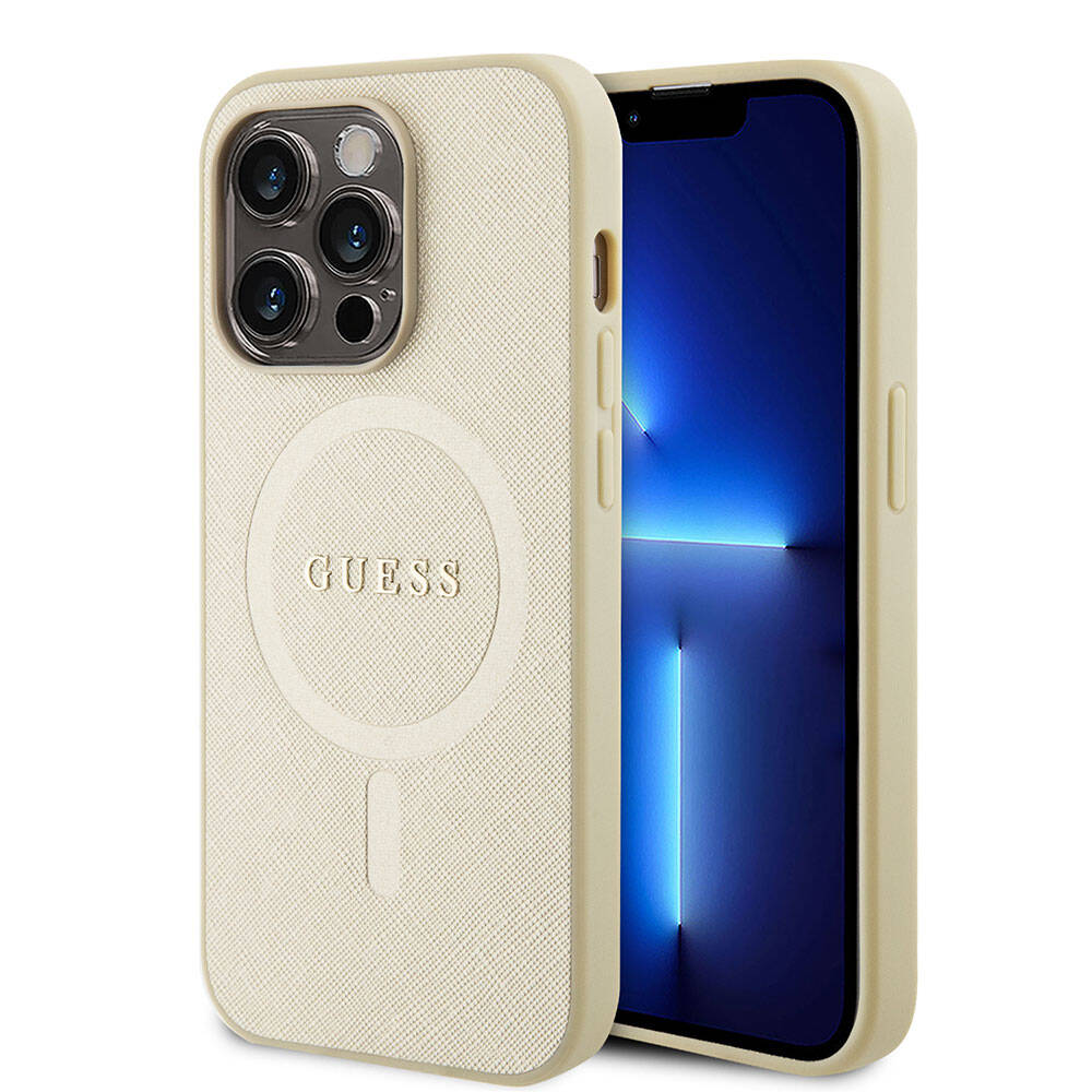 Apple iPhone 15 Pro Case Guess Original Licensed M-safe Charging Feature Saffiano Cover Cream with Text Logo