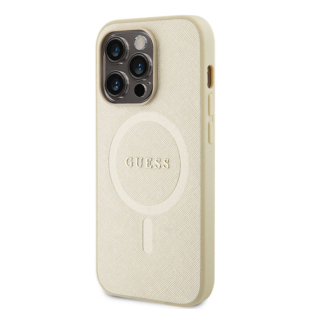 Apple iPhone 15 Pro Case Guess Original Licensed M-safe Charging Feature Saffiano Cover Cream with Text Logo