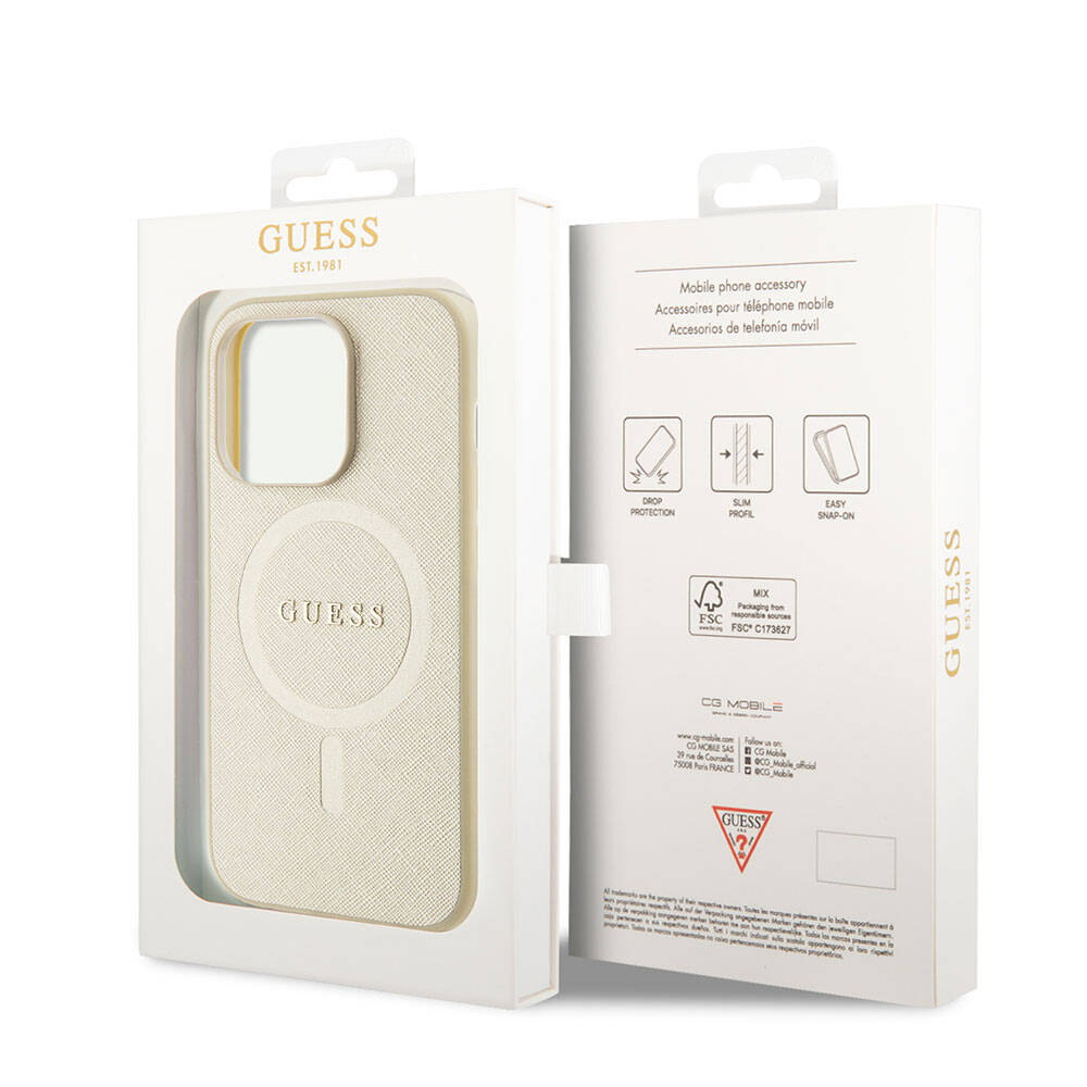 Apple iPhone 15 Pro Case Guess Original Licensed M-safe Charging Feature Saffiano Cover Cream with Text Logo