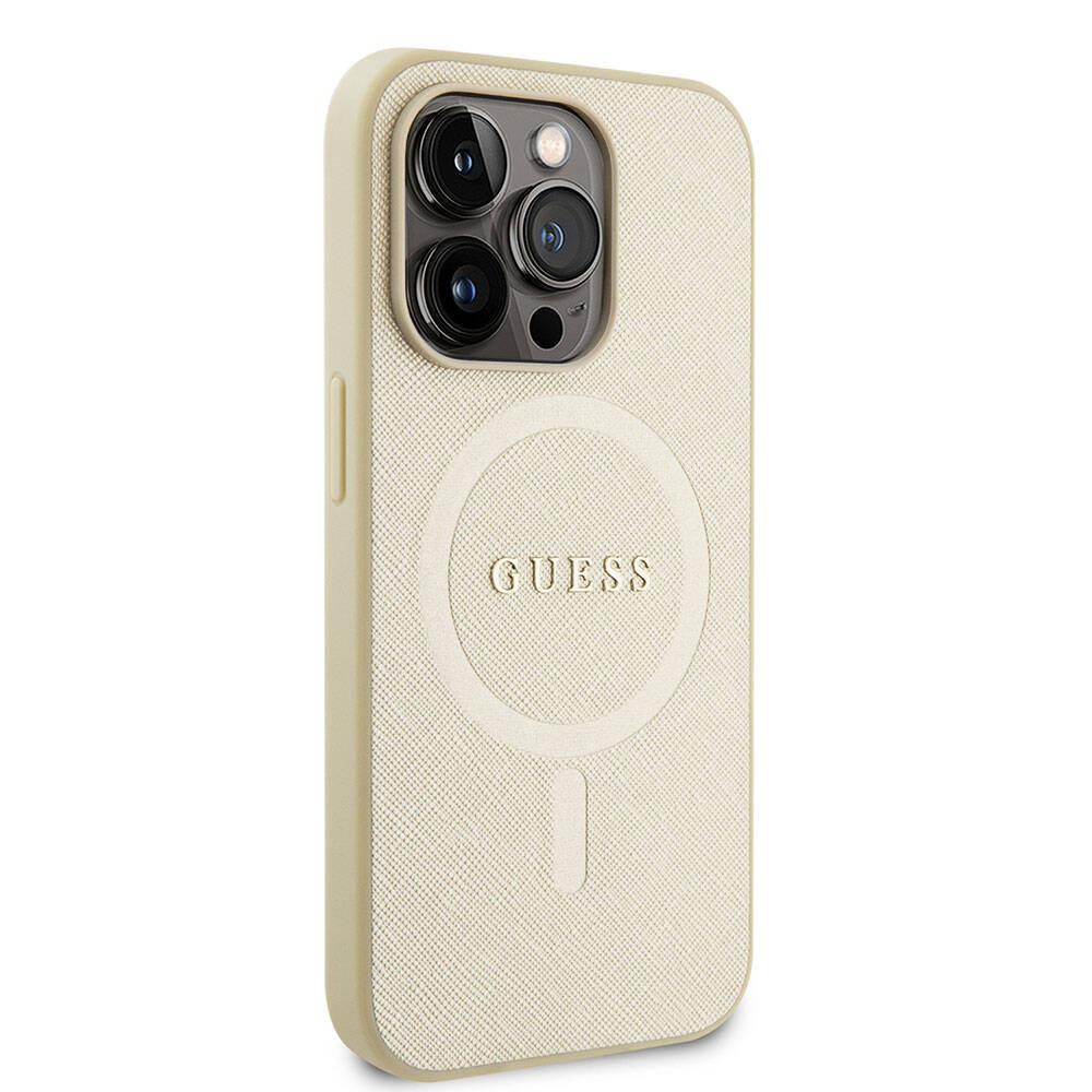 Apple iPhone 15 Pro Case Guess Original Licensed M-safe Charging Feature Saffiano Cover Cream with Text Logo
