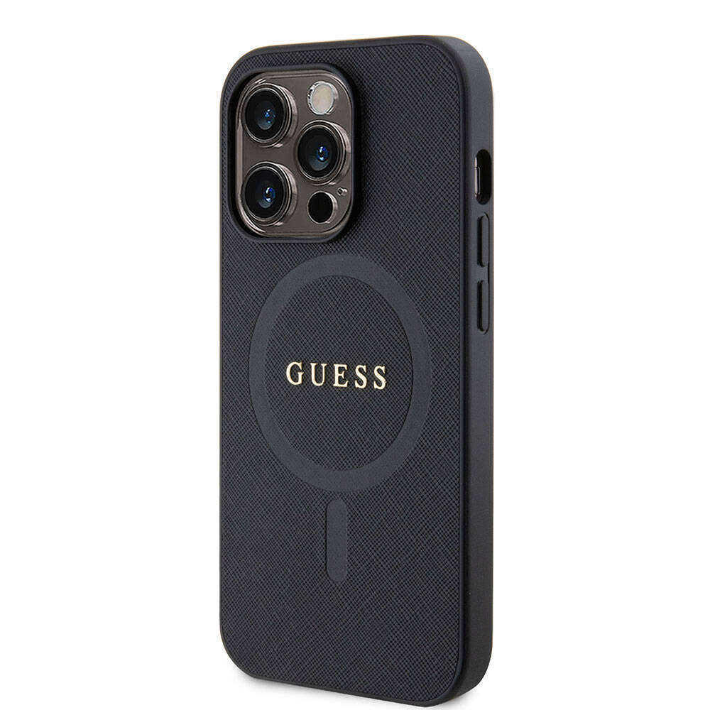 Apple iPhone 15 Pro Case Guess Original Licensed M-safe Charging Feature Saffiano Cover Black with Text Logo
