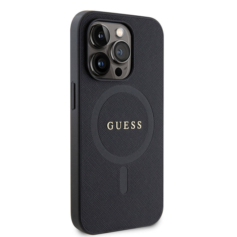 Apple iPhone 15 Pro Case Guess Original Licensed M-safe Charging Feature Saffiano Cover Black with Text Logo