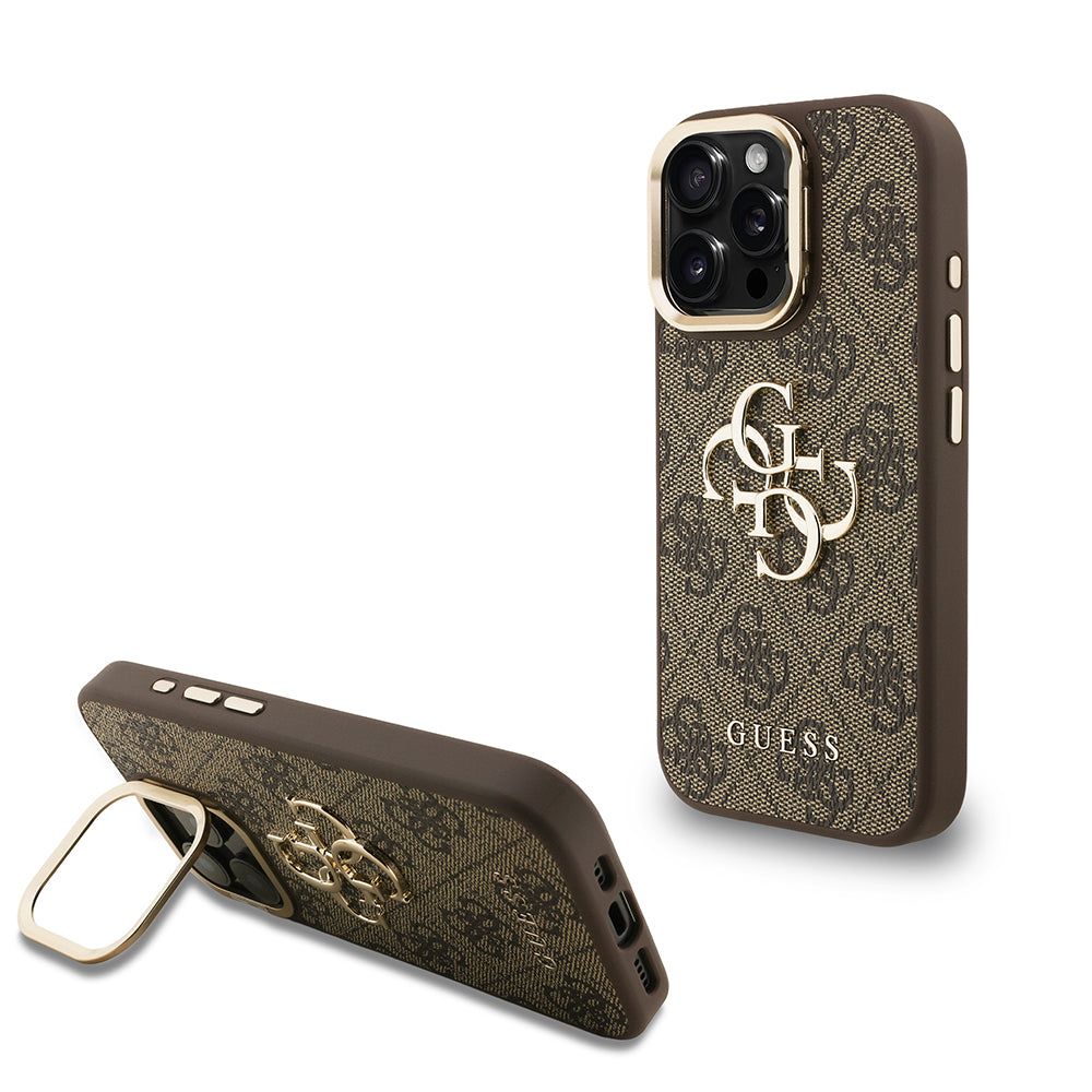 Apple iPhone 15 Pro Case Guess Original Licensed PU Leather 4G Patterned Metal Large 4G and Text Logo Camera Stand Cover Brown