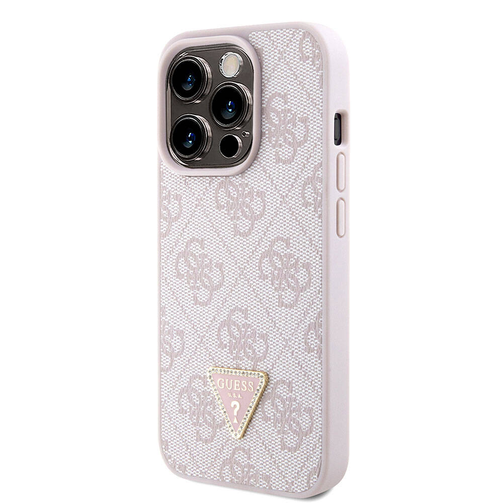 Apple iPhone 15 Pro Case Guess Original Licensed PU Leather Strap Stone Triangle Logo 4G Patterned Strass Crossbody Cover Black
