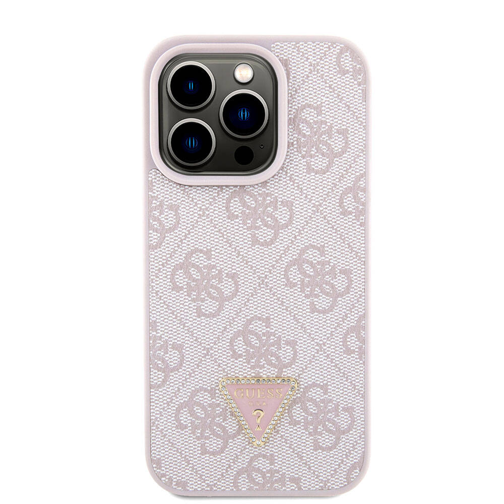 Apple iPhone 15 Pro Case Guess Original Licensed PU Leather Strap Stone Triangle Logo 4G Patterned Strass Crossbody Cover Pink