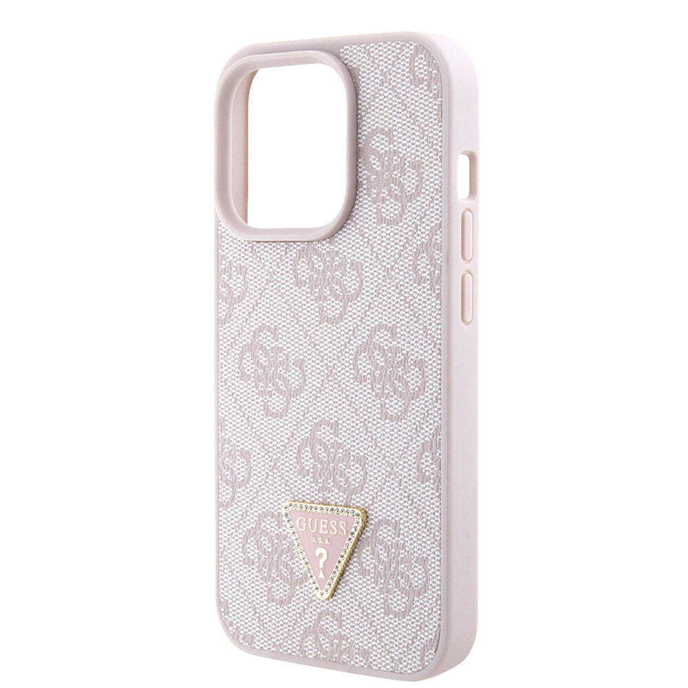 Apple iPhone 15 Pro Case Guess Original Licensed PU Leather Strap Stone Triangle Logo 4G Patterned Strass Crossbody Cover Pink